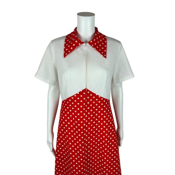 Vintage 70s Polka Dot Dress Women's Large Red White Front Zip Up Mini Minnie Bab - Picture 3 of 11